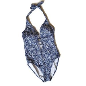 Ralph Lauren Plunge Neck Halter Ocean Blue 1 Piece Swimsuit Size 10‎